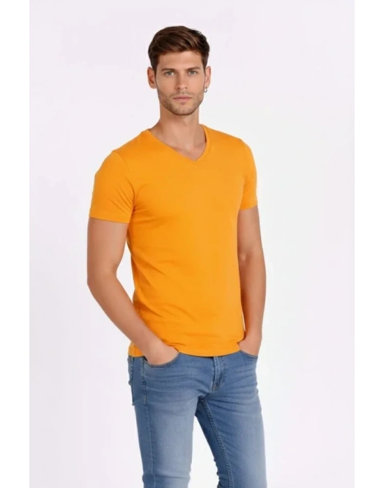 Erkek T-Shirt V Yaka Slim Fit Dar Kesim Likralı Tişört Günlük Basic Body - Sarı