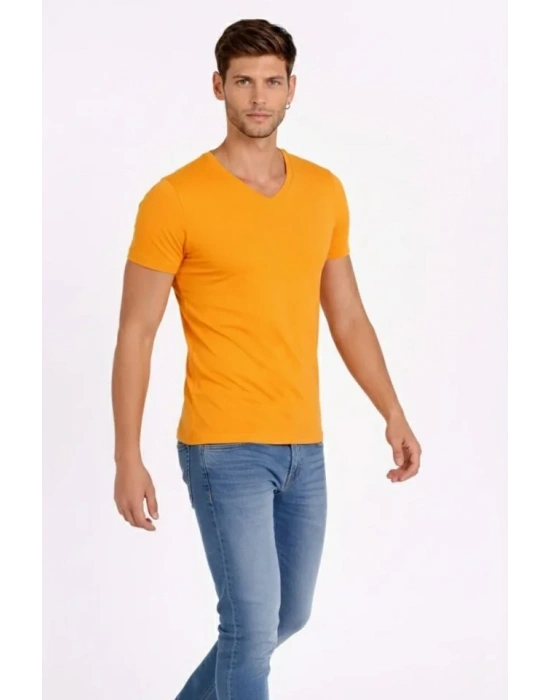 Erkek T-Shirt V Yaka Slim Fit Dar Kesim Likralı Tişört Günlük Basic Body - Sarı