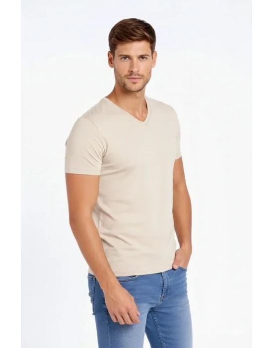 Erkek T-Shirt V Yaka Slim Fit Dar Kesim Likralı Tişört Günlük Basic Body - Taş
