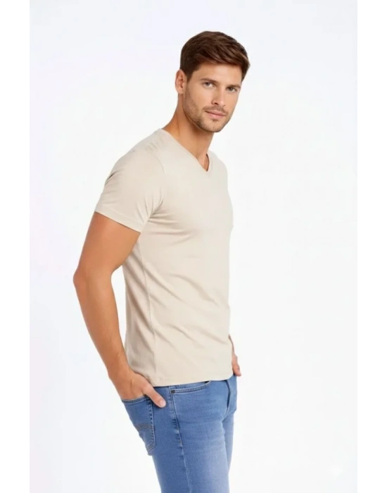 Erkek T-Shirt V Yaka Slim Fit Dar Kesim Likralı Tişört Günlük Basic Body - Taş