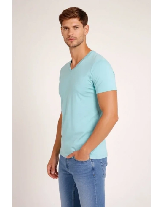 Erkek T-Shirt V Yaka Slim Fit Dar Kesim Likralı Tişört Günlük Basic Body - Turkuvaz