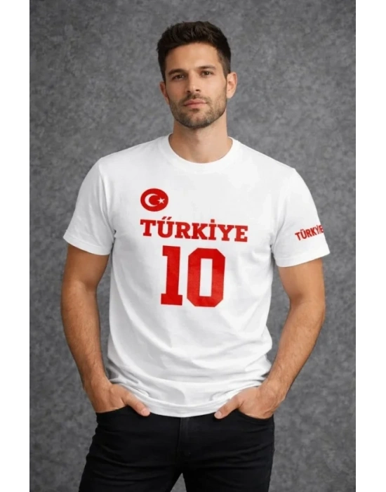 Erkek TÜRKİYE Ay Yıldız Baskılı 10 Numara Forma Tişört Taraftar T-Shirt - Beyaz
