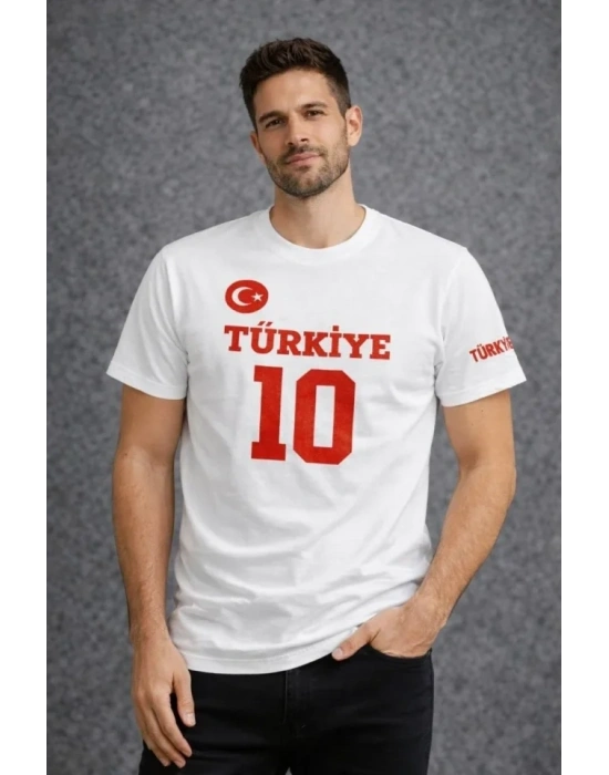 Erkek TÜRKİYE Ay Yıldız Baskılı 10 Numara Forma Tişört Taraftar T-Shirt - Beyaz