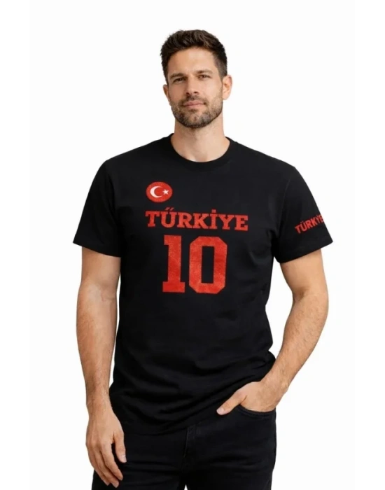 Erkek TÜRKİYE Ay Yıldız Baskılı 10 Numara Forma Tişört Taraftar T-Shirt - Siyah