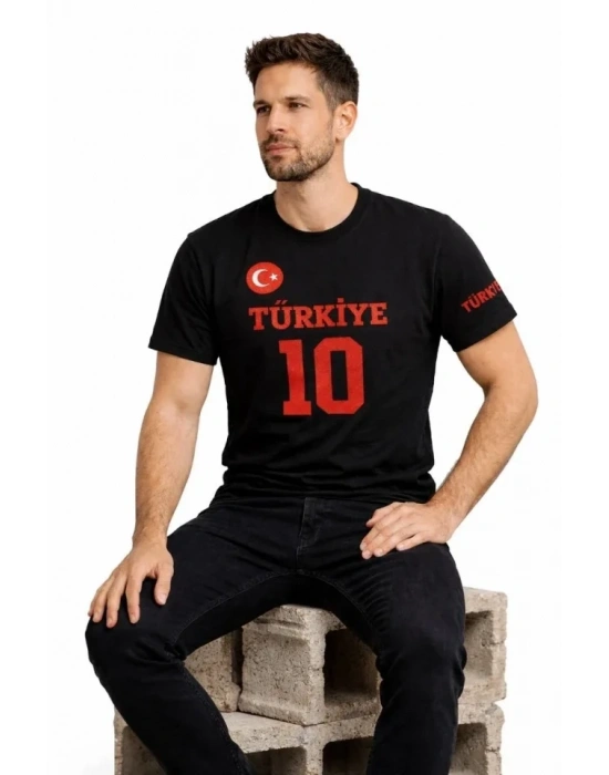 Erkek TÜRKİYE Ay Yıldız Baskılı 10 Numara Forma Tişört Taraftar T-Shirt - Siyah