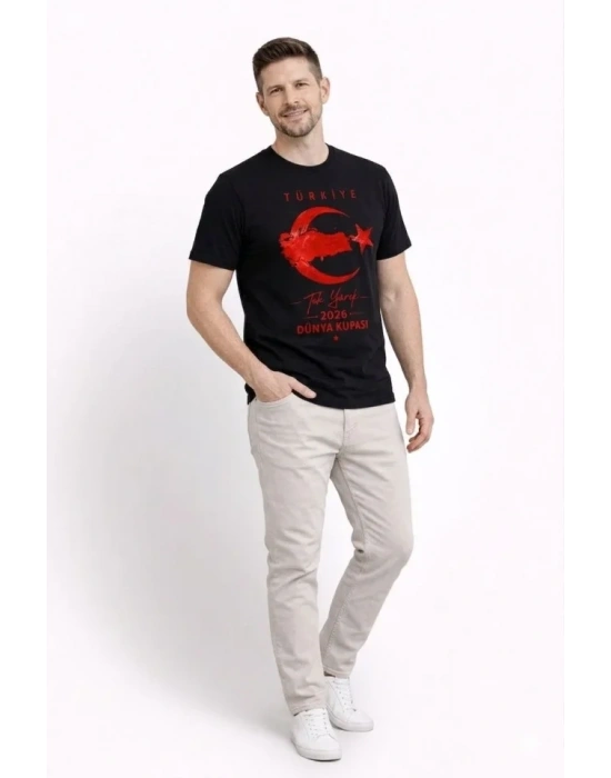 Erkek TÜRKİYE Ay Yıldız Baskılı Taraftar Forma T-Shirt - Siyah