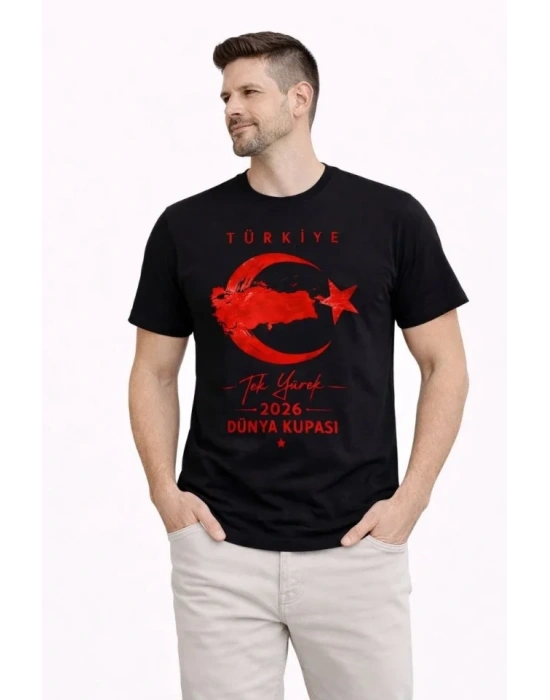 Erkek TÜRKİYE Ay Yıldız Baskılı Taraftar Forma T-Shirt - Siyah