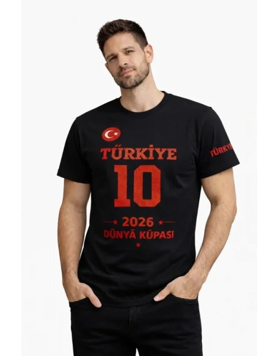 Erkek TÜRKİYE Baskılı Tişört 2026 Dünya Kupası Taraftar Forma T-Shirt - Siyah