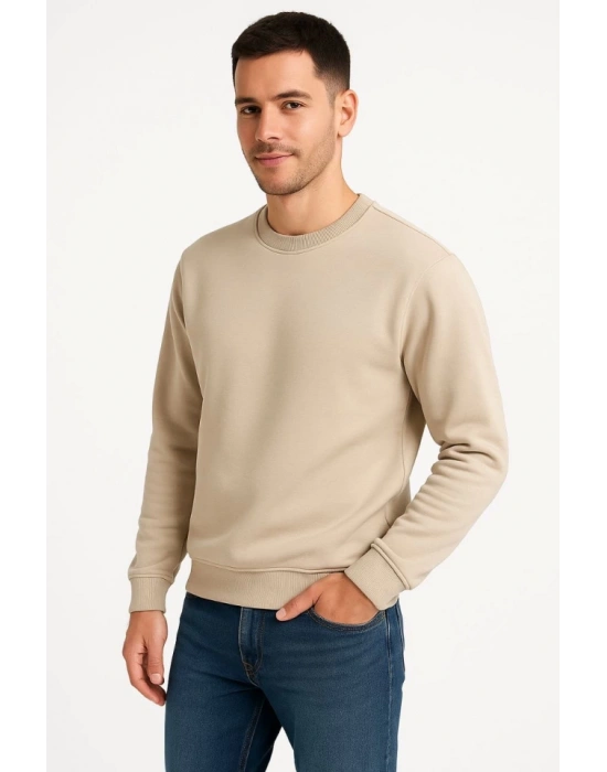 Erkek Üç İplik Düz Bisiklet Yaka SweatShirt - Bej