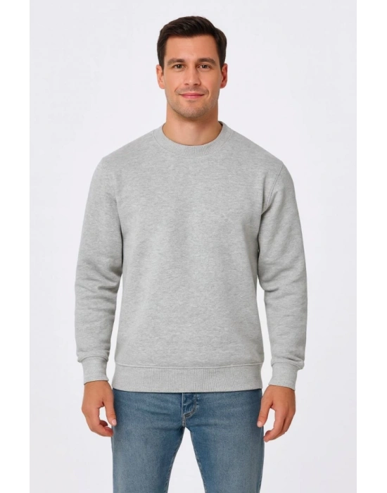 Erkek Üç İplik Düz Bisiklet Yaka SweatShirt - Gri