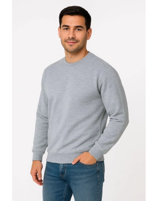 Erkek Üç İplik Düz Bisiklet Yaka SweatShirt - Gri