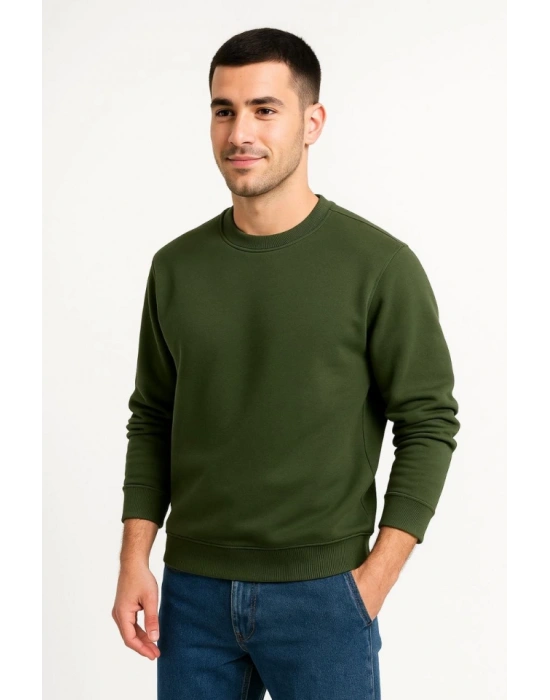 Erkek Üç İplik Düz Bisiklet Yaka SweatShirt - Haki