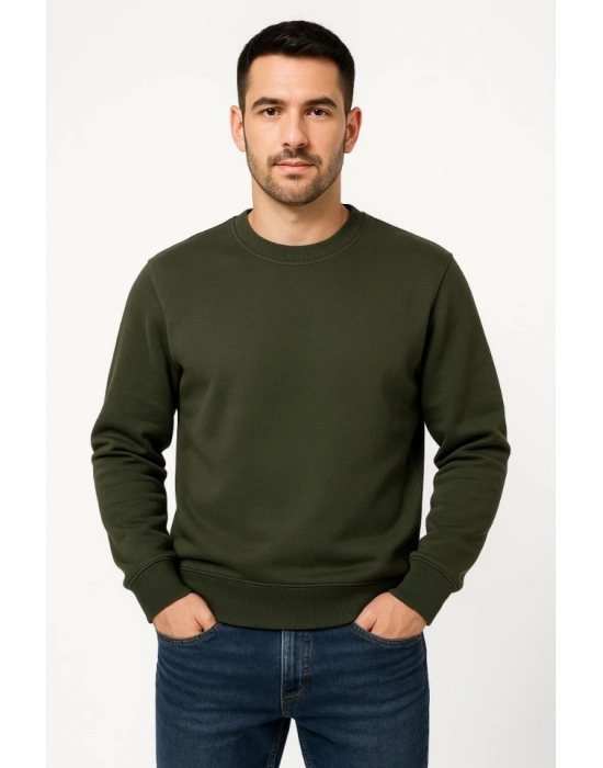 Erkek Üç İplik Düz Bisiklet Yaka SweatShirt - Haki