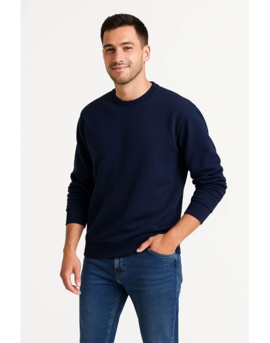 Erkek Üç İplik Düz Bisiklet Yaka SweatShirt - Lacivert