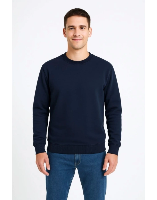Erkek Üç İplik Düz Bisiklet Yaka SweatShirt - Lacivert