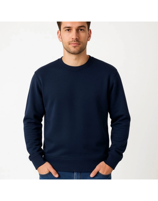 Erkek Üç İplik Düz Bisiklet Yaka SweatShirt - Lacivert