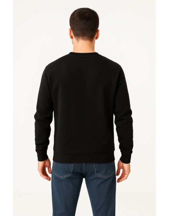 Erkek Üç İplik Düz Bisiklet Yaka SweatShirt - Siyah