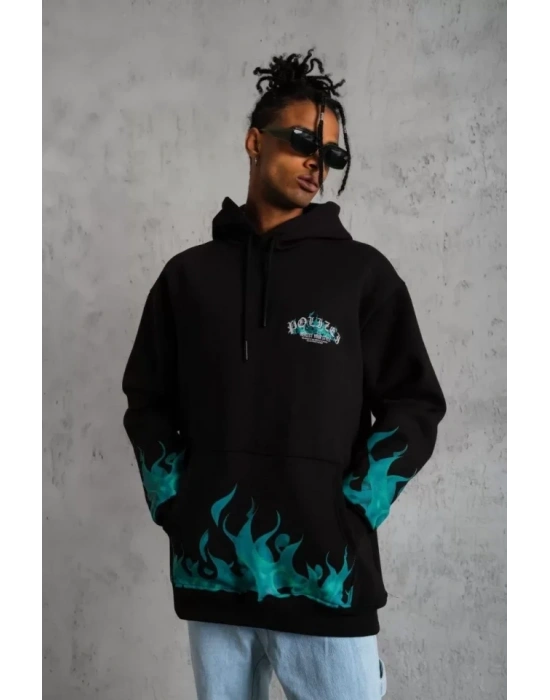 Erkek Üç İplik İçi Pamuklu Alev Baskılı Kapüşonlu Sweatshirt - Siyah