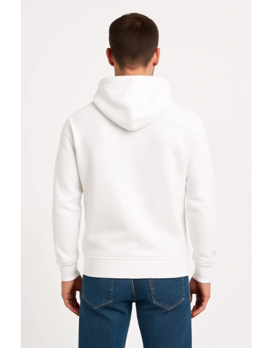 Erkek Üç İplik Kapüşonlu Kanguru Cepli SweatShirt Hoodie - Beyaz