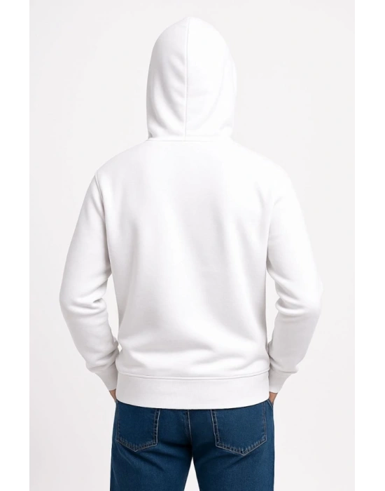 Erkek Üç İplik Kapüşonlu Kanguru Cepli SweatShirt Hoodie - Beyaz