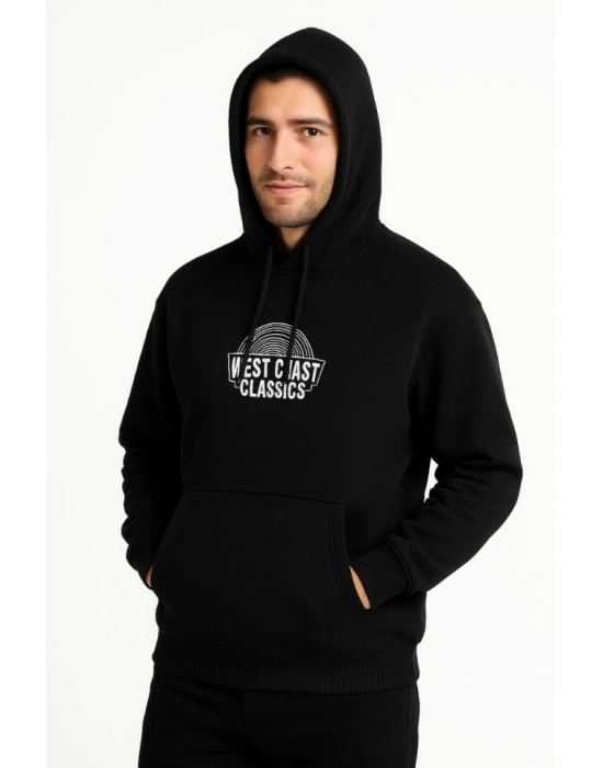 Erkek Üç İplik Kapüşonlu Ön Ve Arka Baskılı SweatShirt Hoodie - Siyah