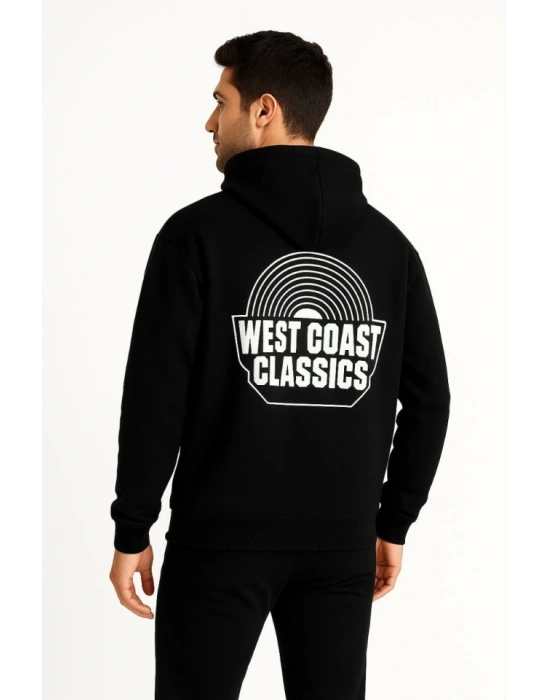Erkek Üç İplik Kapüşonlu Ön Ve Arka Baskılı SweatShirt Hoodie - Siyah