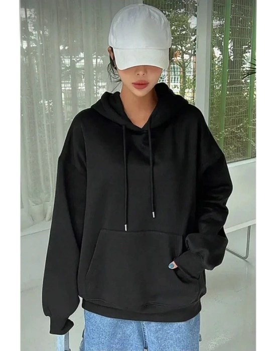 Erkek Uzun Kol Kapşonlu Basic Sweatshirt Hoodie - Siyah