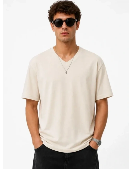 Erkek V Yaka Basic Tişört Kısa Kol Yazlık Regular Fit T-Shirt - Bej