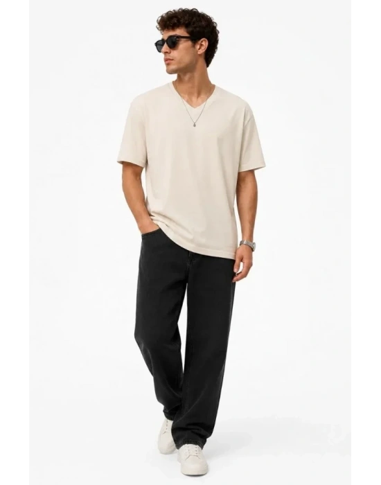 Erkek V Yaka Basic Tişört Kısa Kol Yazlık Regular Fit T-Shirt - Bej
