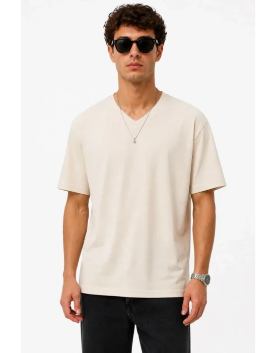 Erkek V Yaka Basic Tişört Kısa Kol Yazlık Regular Fit T-Shirt - Bej