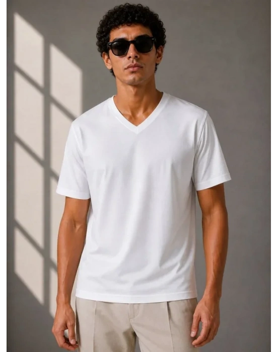 Erkek V Yaka Basic Tişört Kısa Kol Yazlık Regular Fit T-Shirt - Beyaz