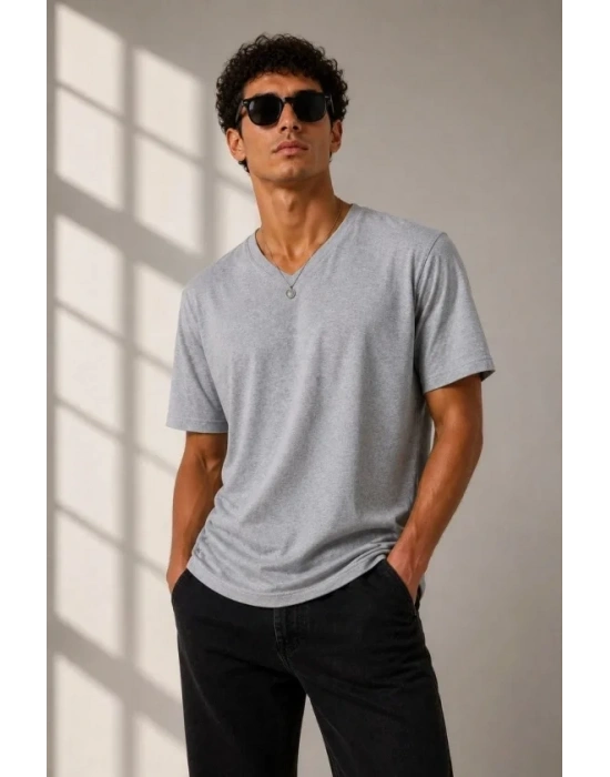 Erkek V Yaka Basic Tişört Kısa Kol Yazlık Regular Fit T-Shirt - Gri