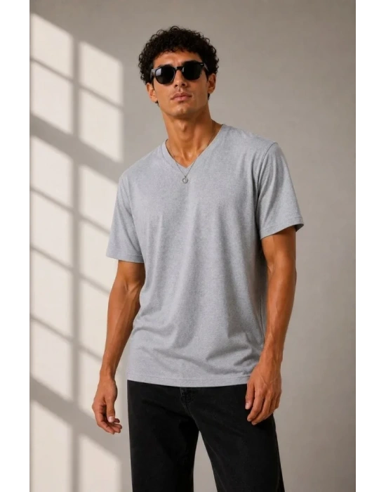 Erkek V Yaka Basic Tişört Kısa Kol Yazlık Regular Fit T-Shirt - Gri