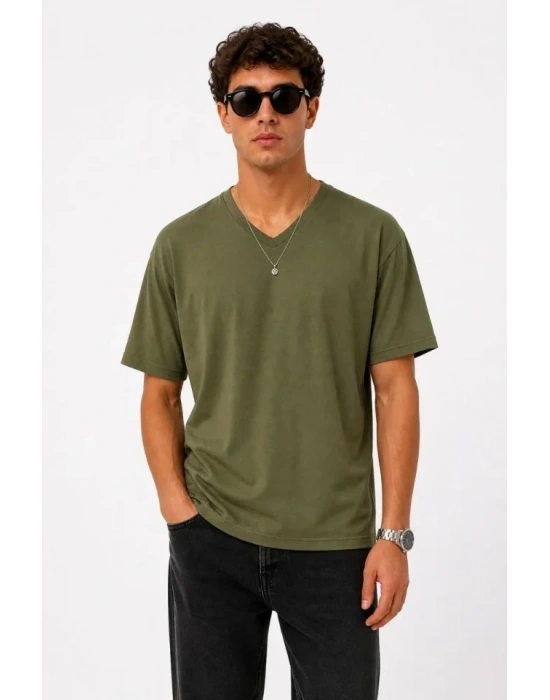 Erkek V Yaka Basic Tişört Kısa Kol Yazlık Regular Fit T-Shirt - Haki