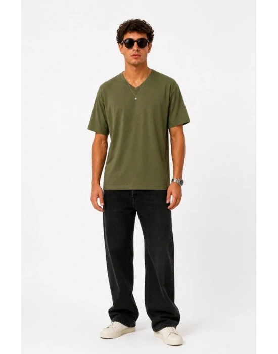 Erkek V Yaka Basic Tişört Kısa Kol Yazlık Regular Fit T-Shirt - Haki