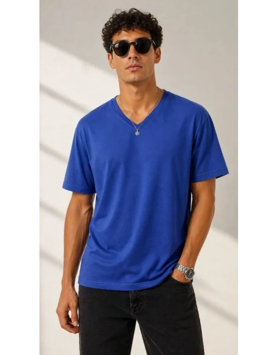 Erkek V Yaka Basic Tişört Kısa Kol Yazlık Regular Fit T-Shirt - Saks Mavisi