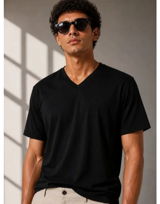 Erkek V Yaka Basic Tişört Kısa Kol Yazlık Regular Fit T-Shirt - Siyah