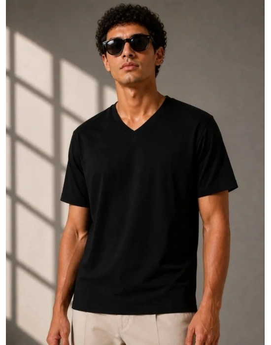 Erkek V Yaka Basic Tişört Kısa Kol Yazlık Regular Fit T-Shirt - Siyah