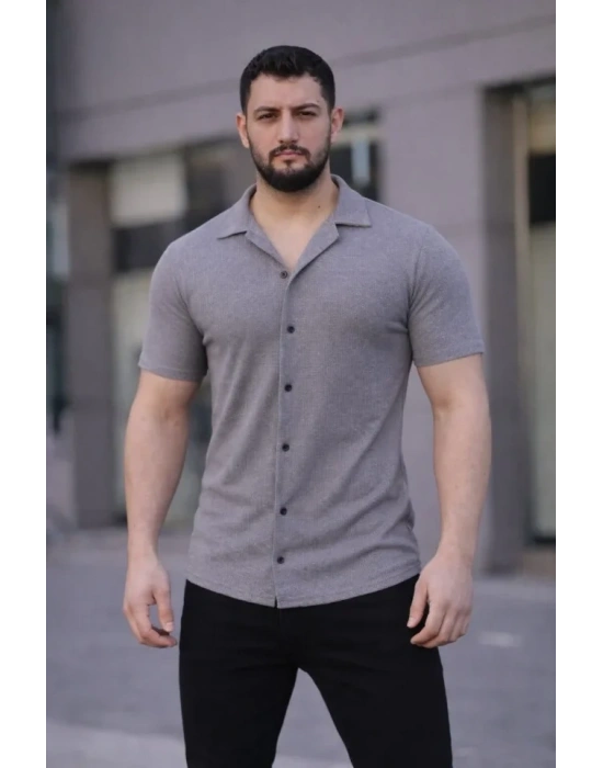 Erkek Waffle Kumaş Kısa Kollu Düğmeli Açık Yaka Regular Fit Gömlek - Gri