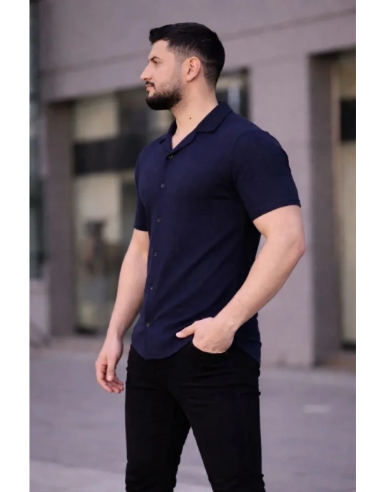 Erkek Waffle Kumaş Kısa Kollu Düğmeli Açık Yaka Regular Fit Gömlek - Lacivert