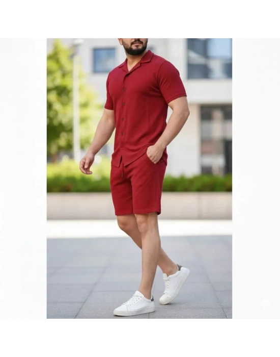 Erkek Waffle Kumaş Kısa Kollu Gömlek Şort Takım Regular Fit Yazlık İkili Set - Bordo