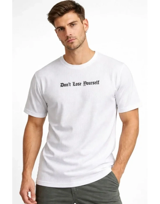 Erkek Wafıl Kumaş Tişört Regular Kalıp Bisiklet Yaka Baskılı Günlük Basic T-Shirt - Beyaz