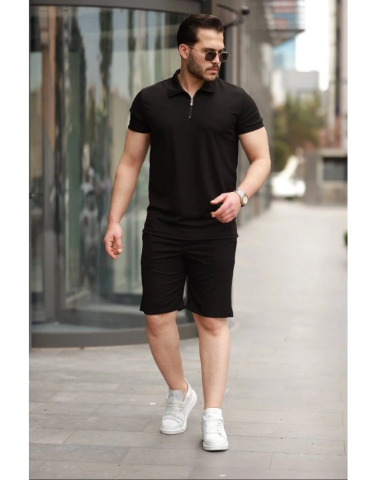 Erkek Yakalı Fermuarlı T-shirt şort Ikili Takım