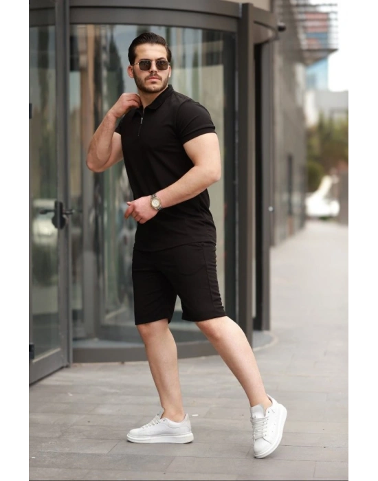 Erkek Yakalı Fermuarlı T-shirt şort Ikili Takım