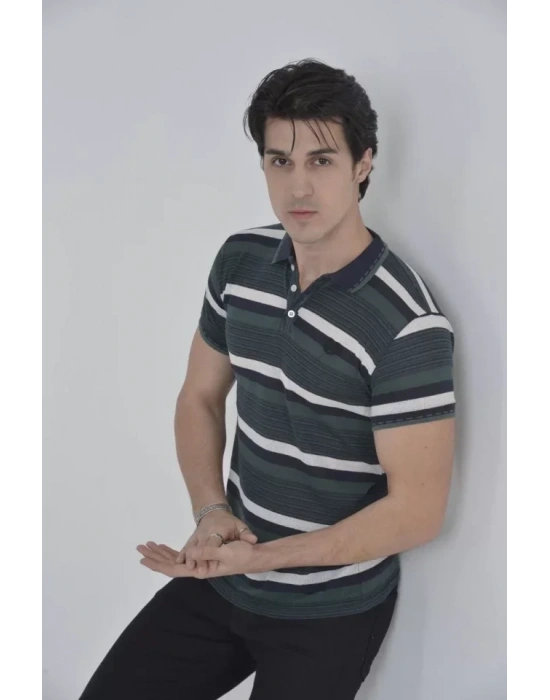 Erkek Yakalı Slim Fit Dokuma Çizgili T-Shirt - Haki