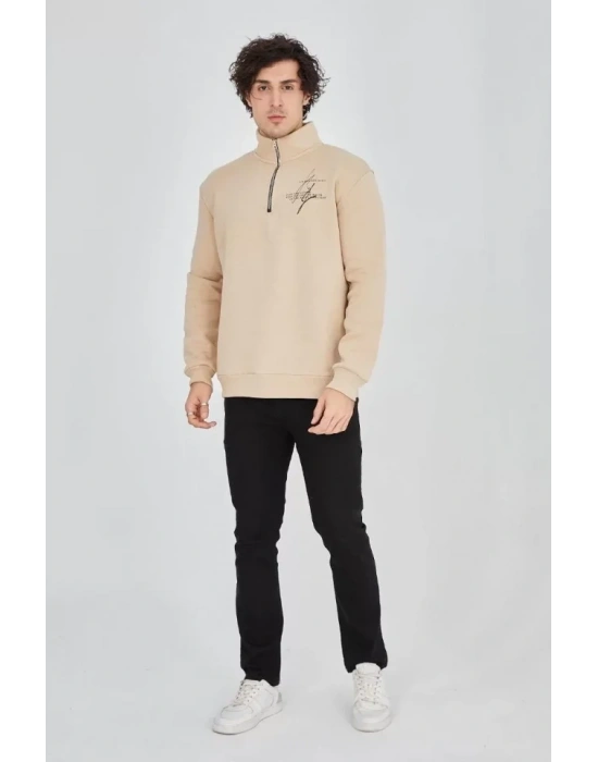Erkek Yarım Fermuarlı Baskılı Sweat - Bej
