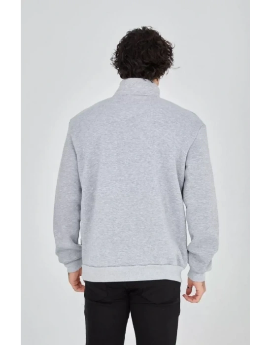 Erkek Yarım Fermuarlı Baskılı Sweat - Gri