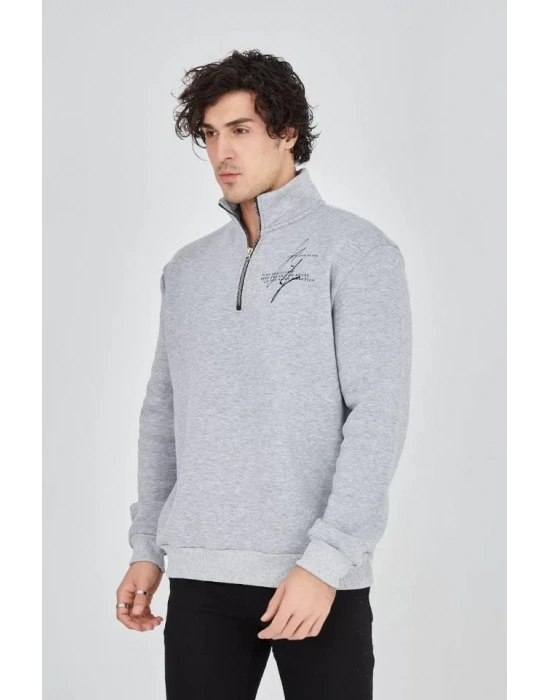 Erkek Yarım Fermuarlı Baskılı Sweat - Gri