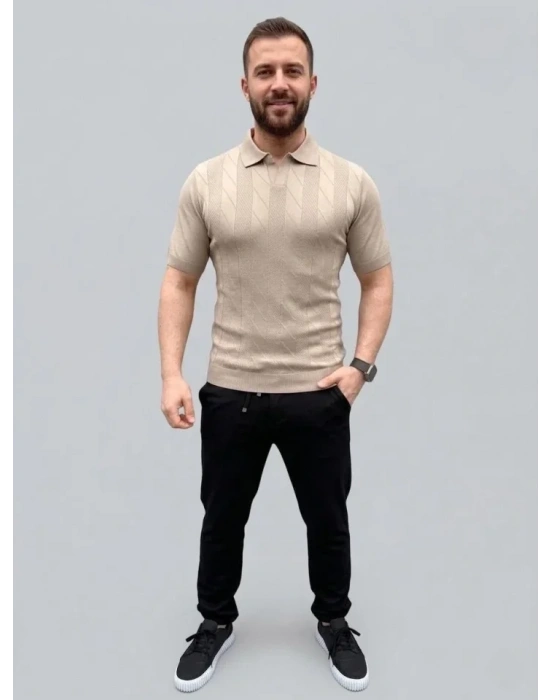 Erkek Yazlık Triko Dokuma Tişört Kısa Kol Polo Yaka T-Shirt - Bej