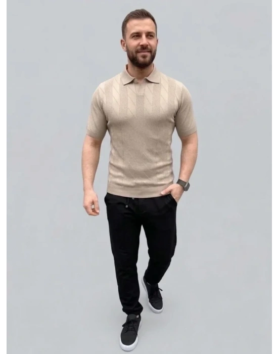 Erkek Yazlık Triko Dokuma Tişört Kısa Kol Polo Yaka T-Shirt - Bej
